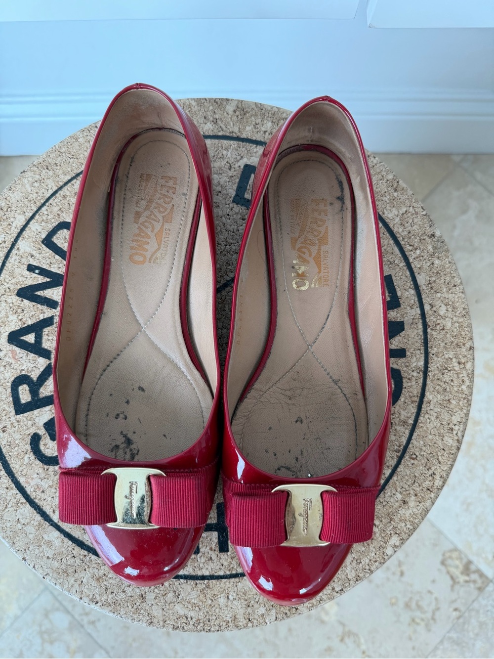 Salvatore Ferragamo Red Patent Leather Vara Bow Flats